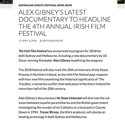 ALEX GIBNEY’S LATEST DOCUMENTARY TO HEADLINE THE 4TH ANNUAL IRISH FILM FESTIVAL